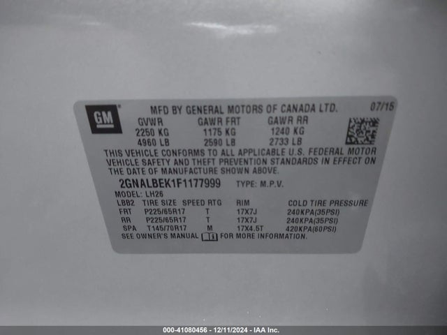 2GNALBEK1F1177999 Chevrolet EQUINOX 1LT