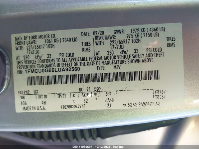 Ford ESCAPE SE 2020 1FMCU0G66LUA92560 Image 9