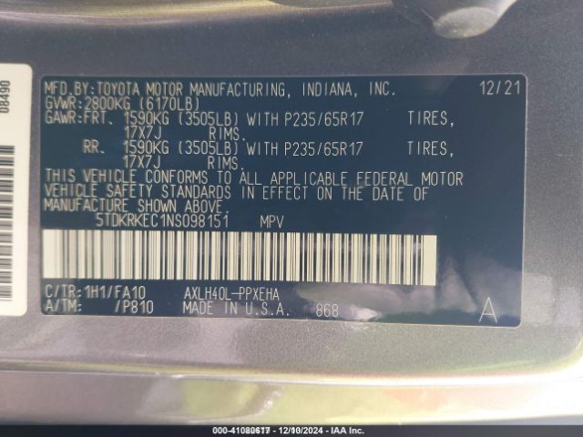 5TDKRKEC1NS098151 Toyota SIENNA LE
