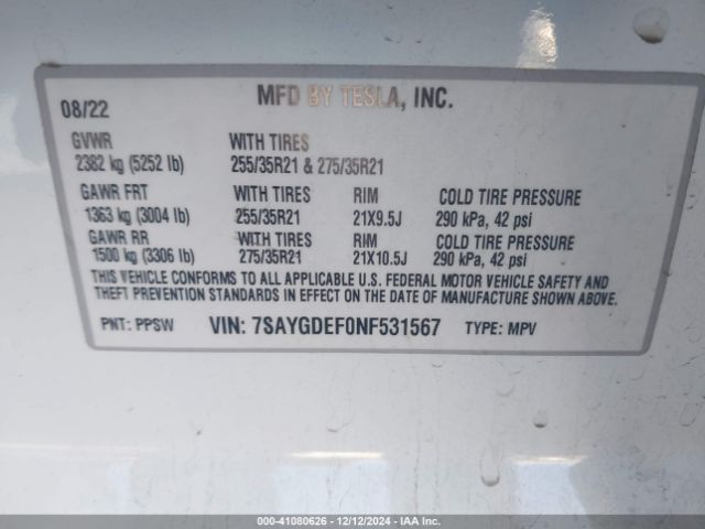 7SAYGDEF0NF531567 Tesla Model Y Performance Dual Motor All-wheel Drive