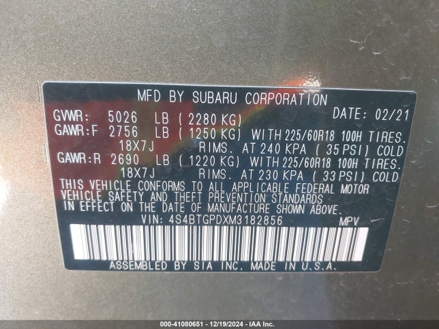 4S4BTGPDXM3182856 Subaru Outback Touring Xt