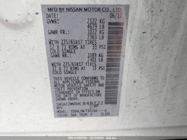 5N1AT2MV0HC848222 Nissan ROGUE S