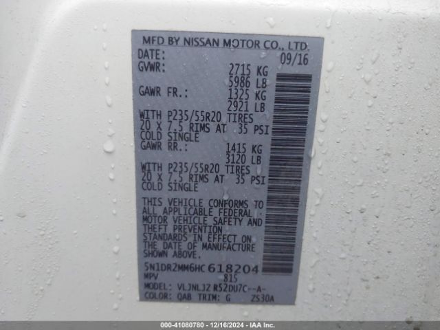 5N1DR2MM6HC618204 Nissan Pathfinder Platinum