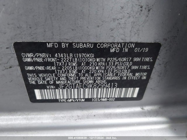 Subaru Crosstrek 2.0i Premium 2019 JF2GTAEC9K8299413 Image 9