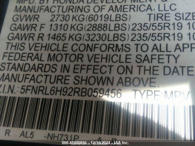 5FNRL6H92RB059456 Honda Odyssey Elite
