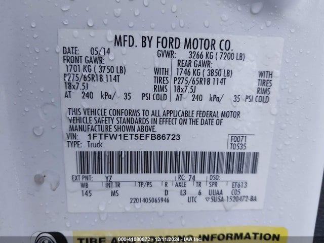 1FTFW1ET5EFB86723 Ford F-150 Xlt