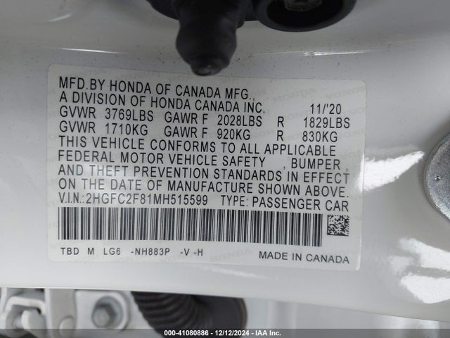 Honda Civic Sport 2021 2HGFC2F81MH515599 Image 9