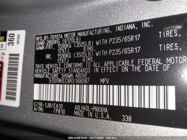 5TDYRKEC8RS188087 Toyota SIENNA XLE