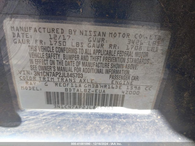3N1CN7AP2JL845703 Nissan Versa 1.6 Sv