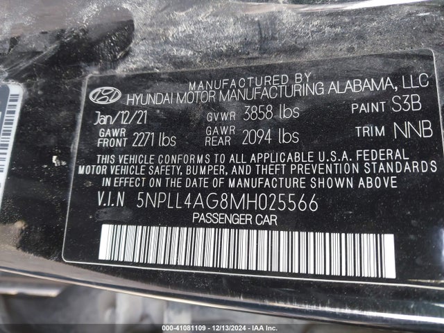 5NPLL4AG8MH025566 Hyundai ELANTRA SE