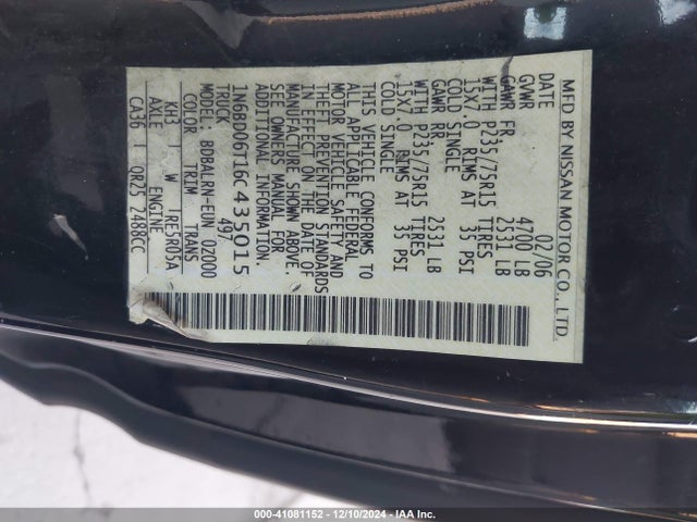 Продаж на аукціоні авто 2006 Nissan Frontier Xe, vin: 1N6BD06T16C435015, номер лоту: 41081152