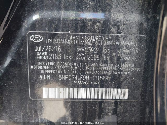 5NPD74LF9HH111584 Hyundai ELANTRA SE