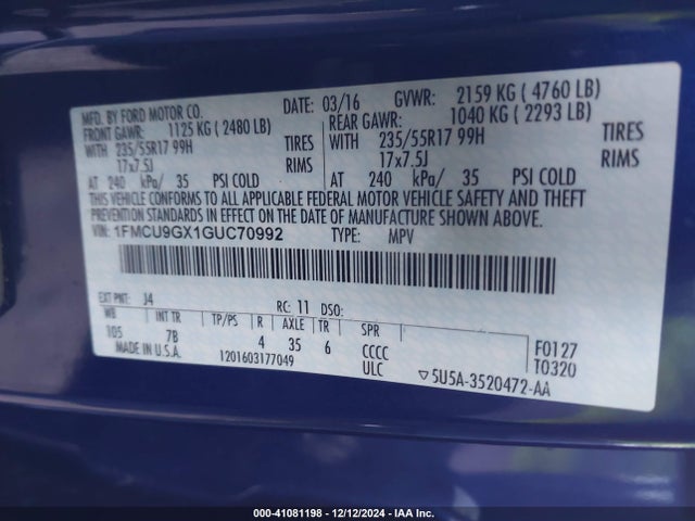 1FMCU9GX1GUC70992 Ford 2016