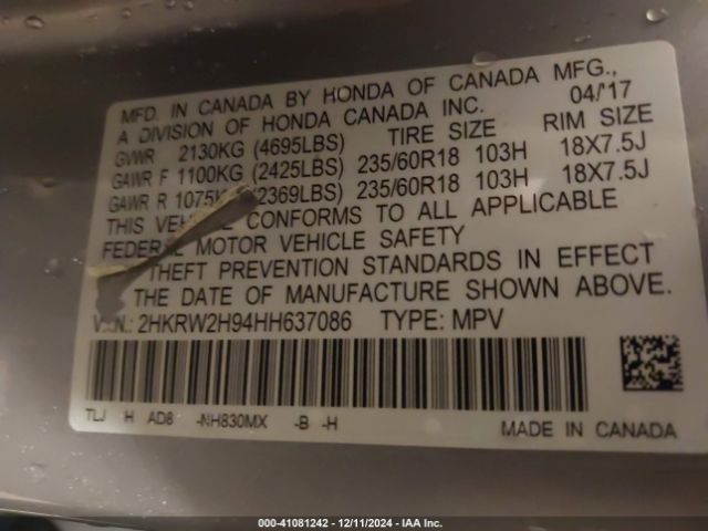 2HKRW2H94HH637086 Honda Cr-v Touring
