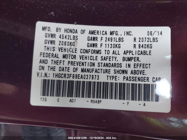 Honda Accord Ex-l V-6 2014 1HGCR3F89EA037973 Image 9