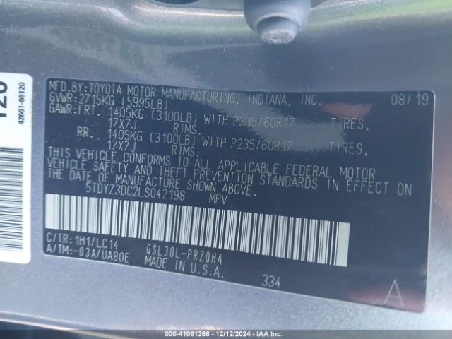 5TDYZ3DC2LS042198 Toyota SIENNA XLE