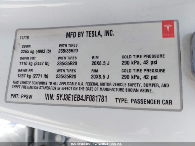 5YJ3E1EB4JF081781 Tesla Model 3 Long Range/performance