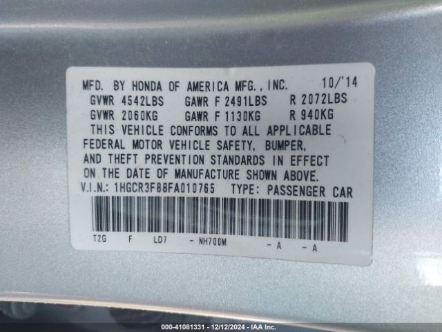 1HGCR3F88FA010765 Honda Accord Ex-l V-6