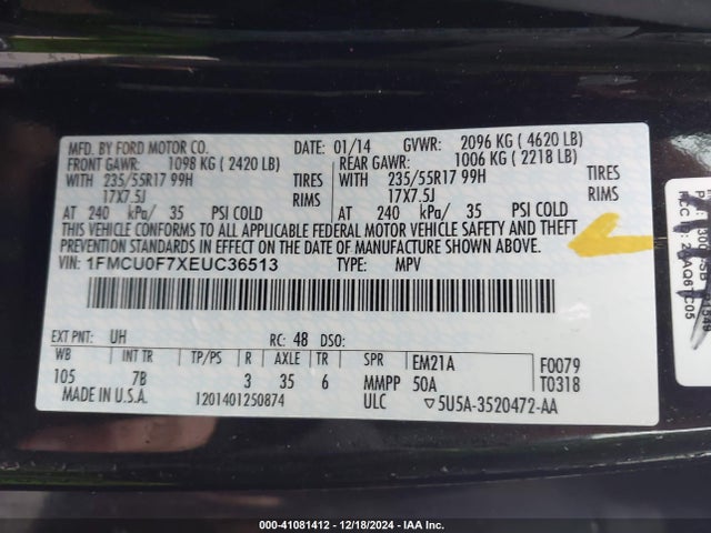 Ford ESCAPE S 2014 1FMCU0F7XEUC36513 Image 9