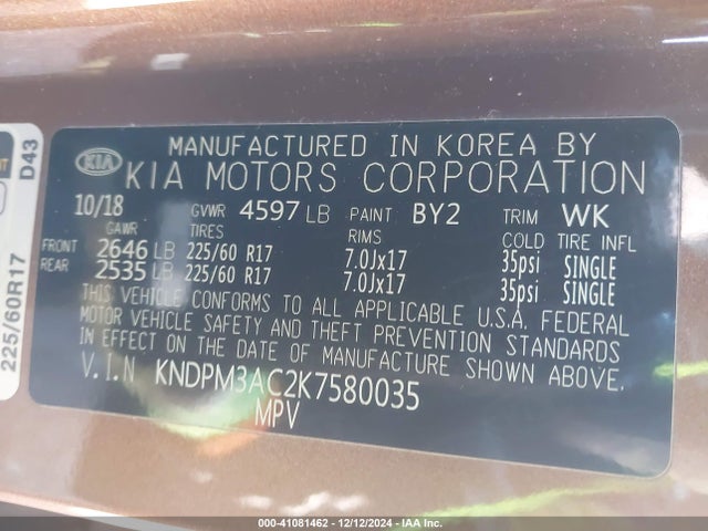 Aukcja sprzedaży 2019 Kia Sportage Lx, vin: KNDPM3AC2K7580035, numer aukcji: 41081462