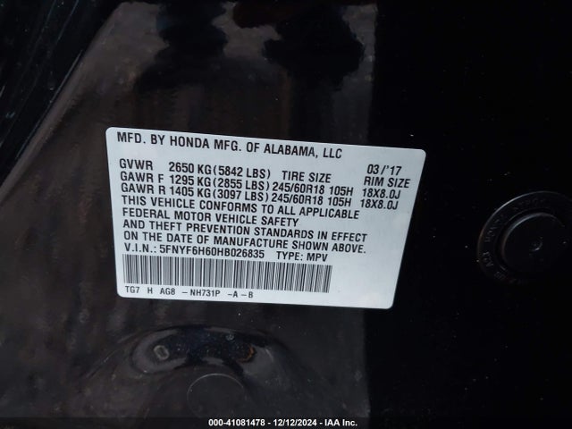 Honda Pilot Ex-l 2017 5FNYF6H60HB026835 Image 9