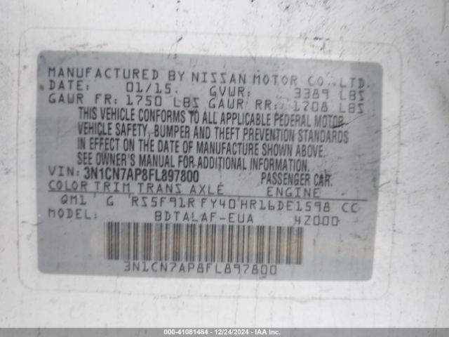 3N1CN7AP8FL897800 Nissan Versa 1.6 S