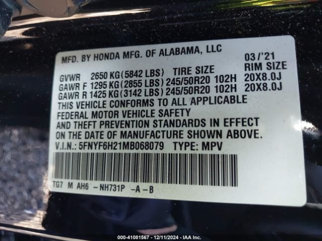 5FNYF6H21MB068079 Honda Pilot Awd Special Edition