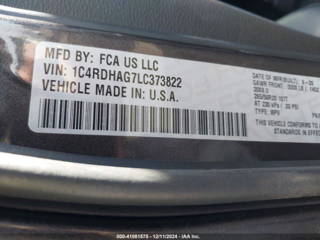 1C4RDHAG7LC373822 Dodge Durango Sxt Plus Rwd