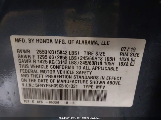 5FNYF6H39KB101321 Honda Pilot Ex