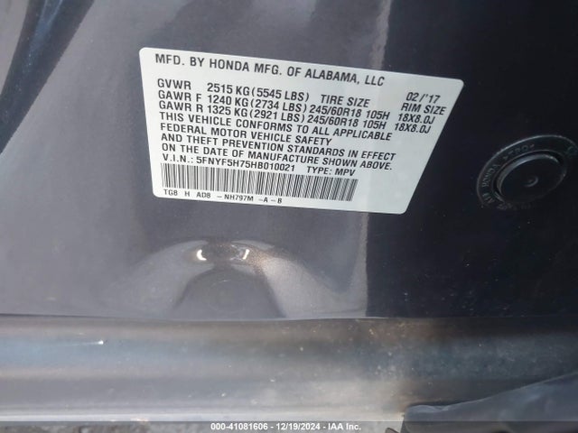 Honda Pilot Ex-l 2017 5FNYF5H75HB010021 Image 9