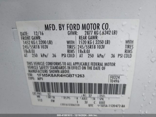1FM5K8AR4HGB71263 Ford Utility Police Interceptor
