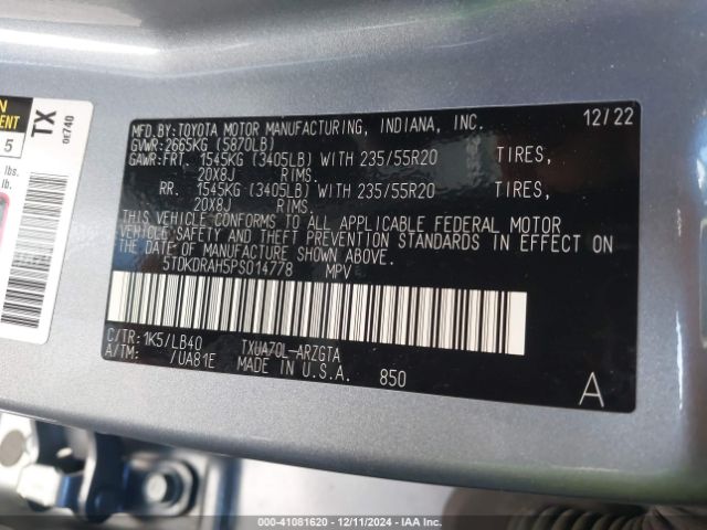 5TDKDRAH5PS014778 Toyota Highlander Limited