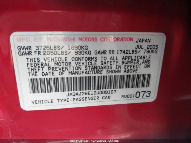 2006 MITSUBISHI LANCER JA3AJ26E16U008107 Photo 8