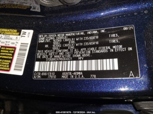 5TDGBRCH7MS064831 Toyota Highlander Hybrid Xle