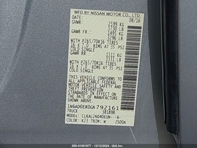 1N6AD0ER0GN792161 Nissan Frontier Sv