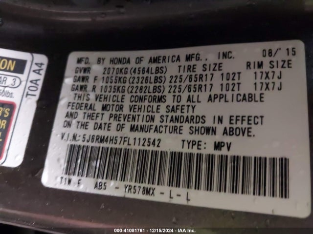 Honda CR-V EX 2015 5J6RM4H57FL112542 Image 9