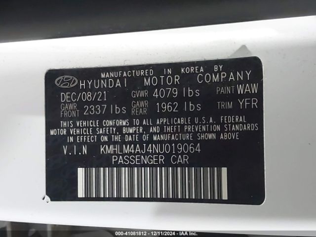 KMHLM4AJ4NU019064 Hyundai Elantra Hybrid Blue