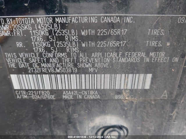 2T3ZFREV8JW503819 Toyota RAV4 LE