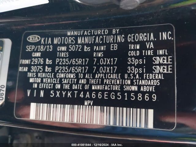 5XYKT4A66EG515869 KIA SORENTO LX