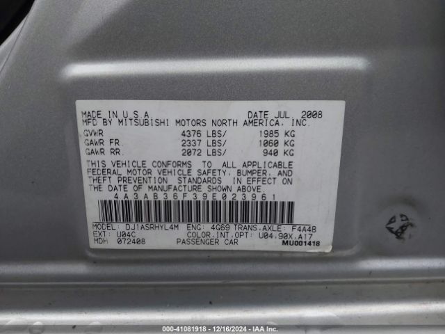 2009 MITSUBISHI GALANT 4A3AB36F39E023961 Photo 8