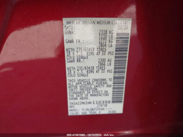 5N1AZ2MG1HN110398 Nissan MURANO SV