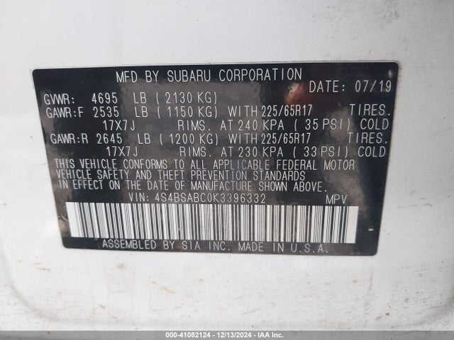 4S4BSABC0K3396332 Subaru Outback 2.5i