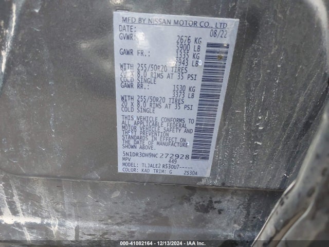 5N1DR3DH9NC272928 Nissan Pathfinder Platinum 2wd