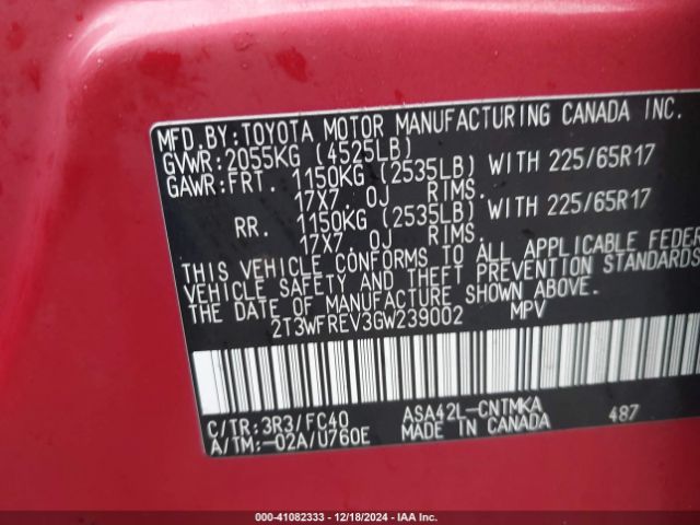 2T3WFREV3GW239002 Toyota Rav4 Xle