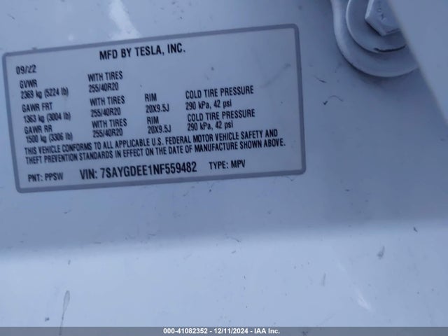 2022 TESLA MODEL Y 7SAYGDEE1NF559482 Photo 8
