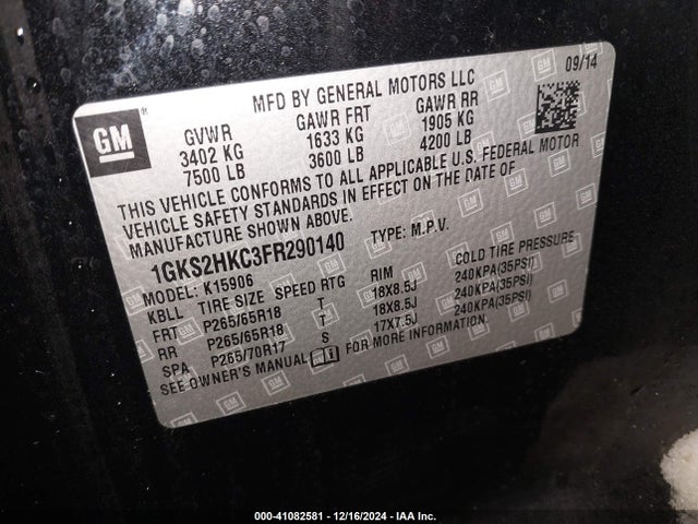 1GKS2HKC3FR290140 GMC Yukon Xl 1500 Slt