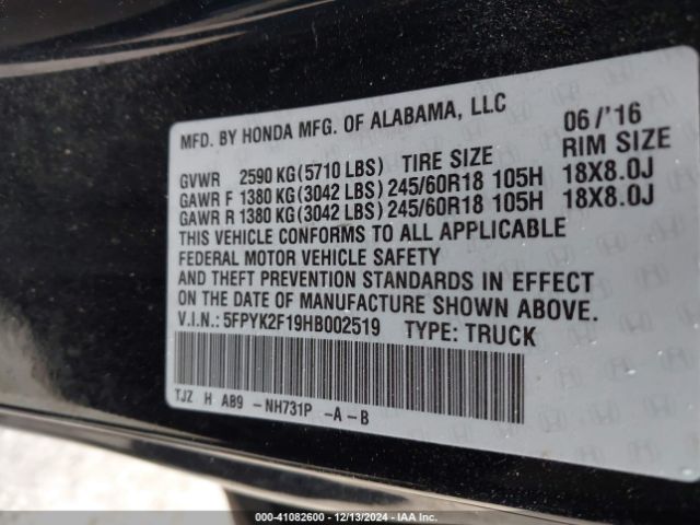 5FPYK2F19HB002519 Honda Ridgeline Sport