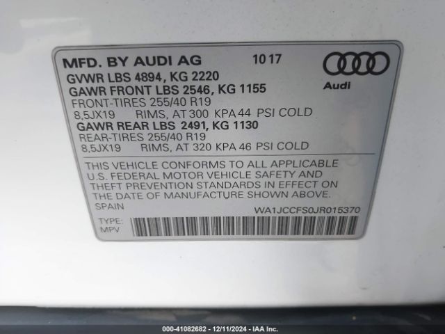 WA1JCCFS0JR015370 Audi Q3 2.0t Premium/2.0t Sport Premium