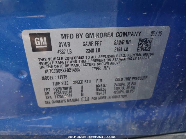 Chevrolet Trax Lt 2015 KL7CJRSBXFB214937 Image 9