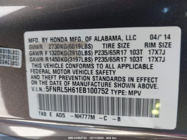 Honda Odyssey Ex-l 2014 5FNRL5H61EB100752 Image 9